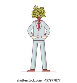 Business man tree. Head of a man as a green wood sapling. Environment friendly management. Modern flat style thin line vector illustration. Concept isolated on white background.