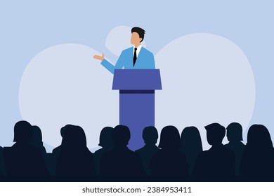 Business Man Tribune Speech People Group 2D flaches Vektorkonzept für Banner, Website, Illustration, Landing Page, Flyer etc.