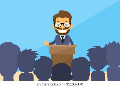 Business Man Tribune Speech People Group Silhouettes Conference Meeting Business Seminar Flat Vector Illustration