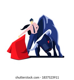 Business man tries to dodge from the mad bull and tame it. A concept of the conflict management. Vector illustration.