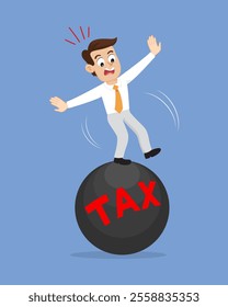 Business man try to balance on stone Tax ball. Flat, Vector, Illustration, Cartoon, EPS10.