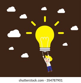 Business man try to catch flying idea. Idea concept flat design, win. flat design. track. Success. goal. Target. Bulb Ideas. finance vision concept. dream. vector. Businessman. air fly sky