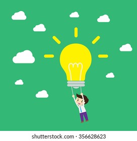 Business man try to catch flying idea. Idea concept flat design, win. flat design. track. Success. goal. Target. Bulb Ideas. finance vision concept. dream. vector. Businessman. air fly sky