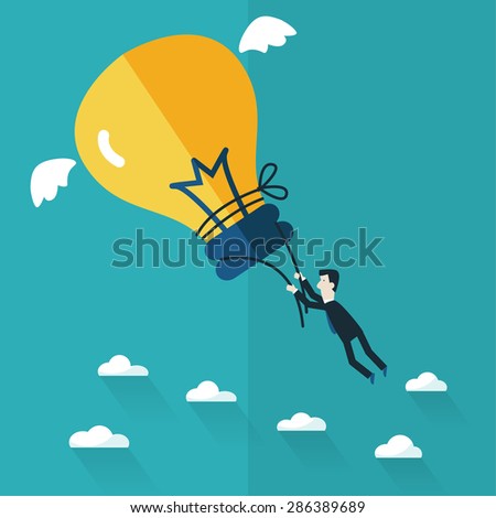 Business man try to catch flying idea. Idea concept flat design