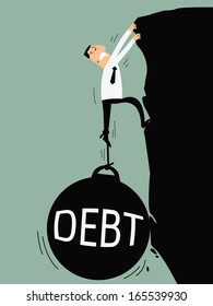 Business man try hard to climb up the cliff but debt burden bring him down. Business concept on debt.