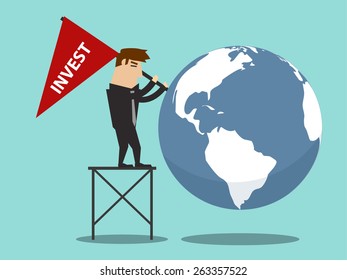 Business man try to locate investment location by flag.