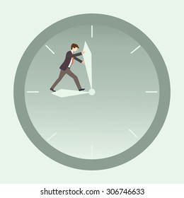 Business man try to stop time, time concept, flat design, vector illustration.