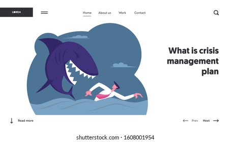 Business Man Trying to Avoid Crisis or Bankruptcy in Finance World. Website Landing Page. Businessman Escape Huge Shark Chase and Attack in Ocean Web Page Banner. Cartoon Flat Vector Illustration