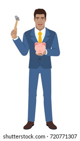 Business man trying to break a piggy bank with a hammer. Full length portrait of Black Business Man in a flat style. Vector illustration.