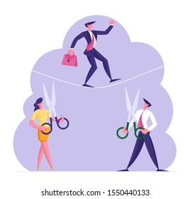 Business Man Trying to Cross an Obstacle in Balance on Rope while His Opponents Businessman and Businesswoman Cut it with Scissors Want him to Fall Down. Business Risk. Flat Vector Illustration