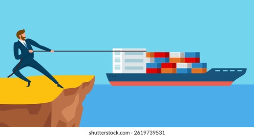 business man trying to pull a cargo ship