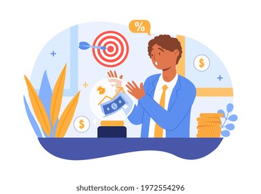 Business man is trying to see future of his investment in startup in crystal ball. Modern flat abstract metaphor cartoon vector illustration concept design online banner. Isolated on white background.