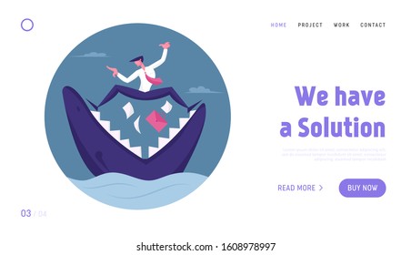 Business Man Trying to Survive in Crisis Website Landing Page. Scared Businessman Stand on Jaws of Shark with Briefcase and Documents Falling in Chops Web Page Banner. Cartoon Flat Vector Illustration