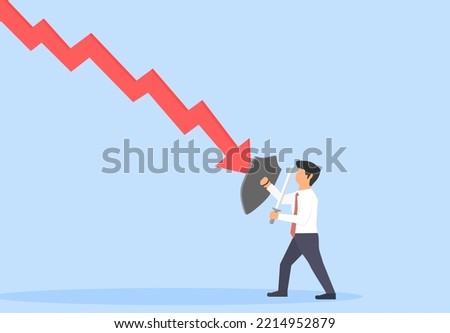 business man trying to survive in the midst of the global recession. crisis management . business people wearing shields and swords to block the pace of the financial graph that continues to decline