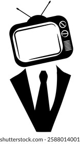 Business man with a tv for his head, representation of tv propaganda, Television political propaganda concept.