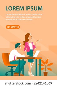 Business man and two girls in the process of working in the office. Discuss strategy. On the table is a laptop. Successful business. Design for poster, website. Vector illustration. City background