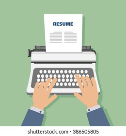 Business man typewriter with resume on green background vector.