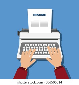 Business man typewriter with resume on blue background vector.