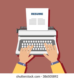 Business man typewriter with resume on red background vector.