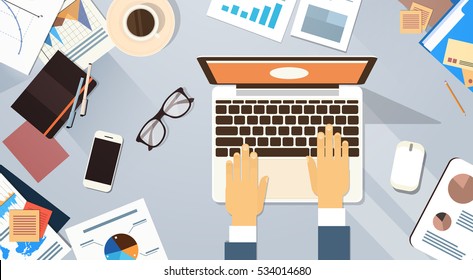 Business Man Typing Laptop Workplace Desk Documents Papers Folder Office Stuff Top Angle View Flat Vector Illustration