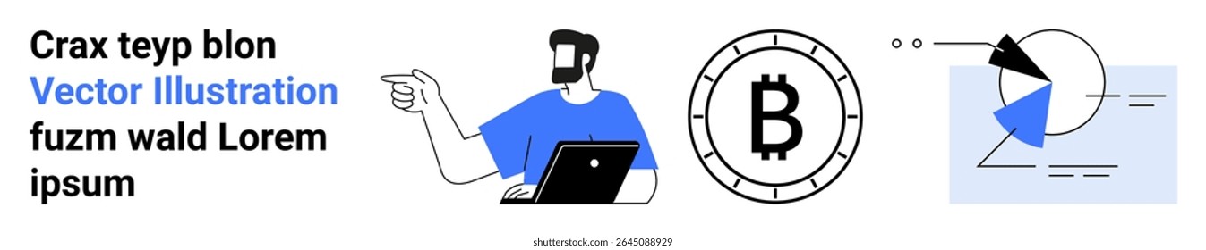 Business man typing on laptop, large Bitcoin symbol, abstract pie chart with geometric shapes. Ideal for technology, finance, cryptocurrency, data analysis, modern business trends, innovation themes
