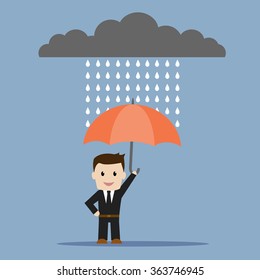 Business man with umbrella, flat design, vector illustration on blue background.
