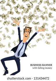 Business man under a money rain. Vector illustration isolated on white background. Happy man catching falling money. Full length man figure in clipping mask. Vertical banner with place for text