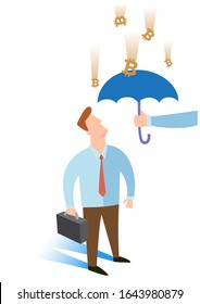 Business man under the umbrella and rain of bitcoins, vector flat illustration