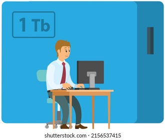 Business man uploading data files into external hard disk drive, modern technology allows work with large amounts of information. Businessman entrepreneur in suit sitting with computer at office desk