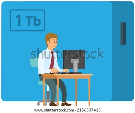 Business man uploading data files into external hard disk drive, modern technology allows work with large amounts of information. Businessman entrepreneur in suit sitting with computer at office desk