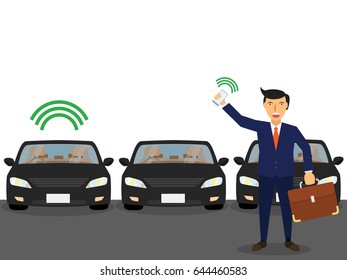 business man use the application. From the phone call to find their own car that is similar to other cars. flat vector design