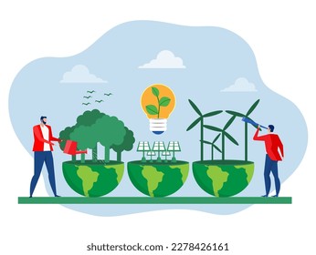 el hombre de negocios utiliza pronósticos binnoculares
con el concepto de ESG o problema de ecología, las empresas invierten fuentes de energía. Preservando los recursos del planeta. Ilustración vectorial plana moderna de dibujos animados