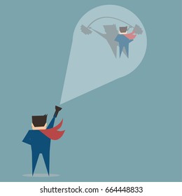 Business man use flash light to find new idea,flat vector design concept.