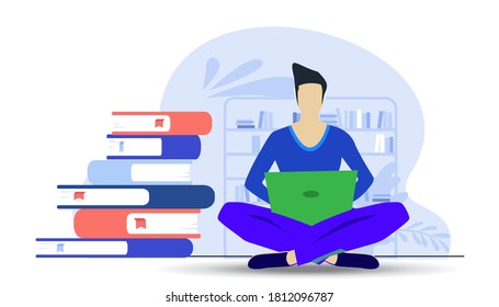 Business Man Use laptop Book reader.  Flat design illustration. Modern Creative Idea Vector Concept.