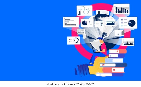 Business Man Use laptop and Book readers, think analyze flat design illustration Creativity modern Idea and Concept Vector.