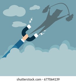 Business man use magnet sucking stronger man in weight lifting shadow, flat vector design concept.