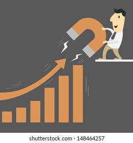 Business man use magnetic field to attract statistic to grow. Abstract background on One business man can have power to make business rising up. Vector illustration. 