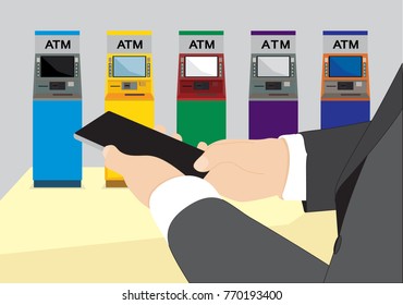 Business man use smartphone with many ATM background.