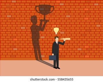 Business man use telescope with shadow wall on the wall. Business vision concept. Isometric 3d design. vector illustration