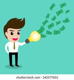 Business man uses his idea catching all the money, vector Illustration.