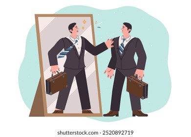 Business man uses self-motivation by looking in mirrors and preparing for meeting. Importance of self-motivation for achieving career goals and ability to present oneself to corporate management