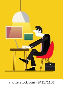 Business man using his laptop or notebook computer at a cafe table. flat design character. vector illustration