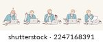  business man using laptop computer sitting at a desk. Hand drawn style vector design illustrations.
