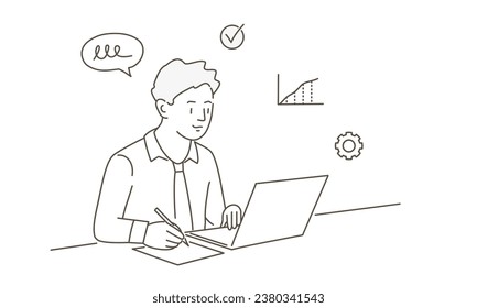 Business man using laptop computer sitting at a desk. Concept of time or project management. Hand drawn vector illustration. Black and white.