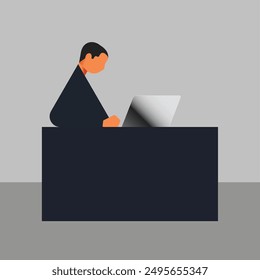 Business man using laptop computer sitting at a desk isolated vector illustration.
