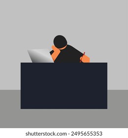 Business man using laptop computer sitting at a desk isolated vector illustration.