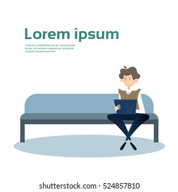Business Man Using Laptop Computer Sit On Coach Office Interior Workplace Flat Vector Illustration