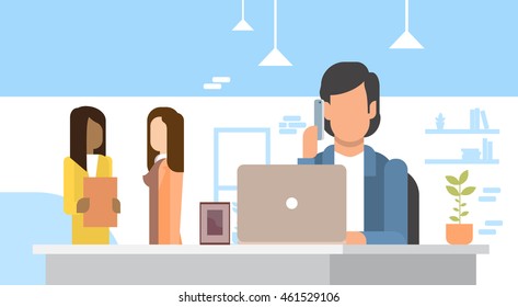 Business Man Using Laptop Speak Cell Smart Phone Office Flat Vector Illustration