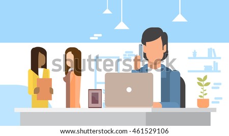 Business Man Using Laptop Speak Cell Smart Phone Office Flat Vector Illustration