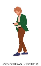 Business man using mobile phone. Handsome bearded guy holding smartphone, texting, talking, watching news. Male cartoon character Vector realistic illustration isolated on white background. Not AI 